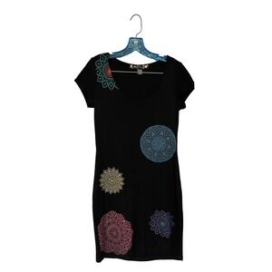 Eye catching Desigual Geometric Mandala multi circle print dress black sz medium